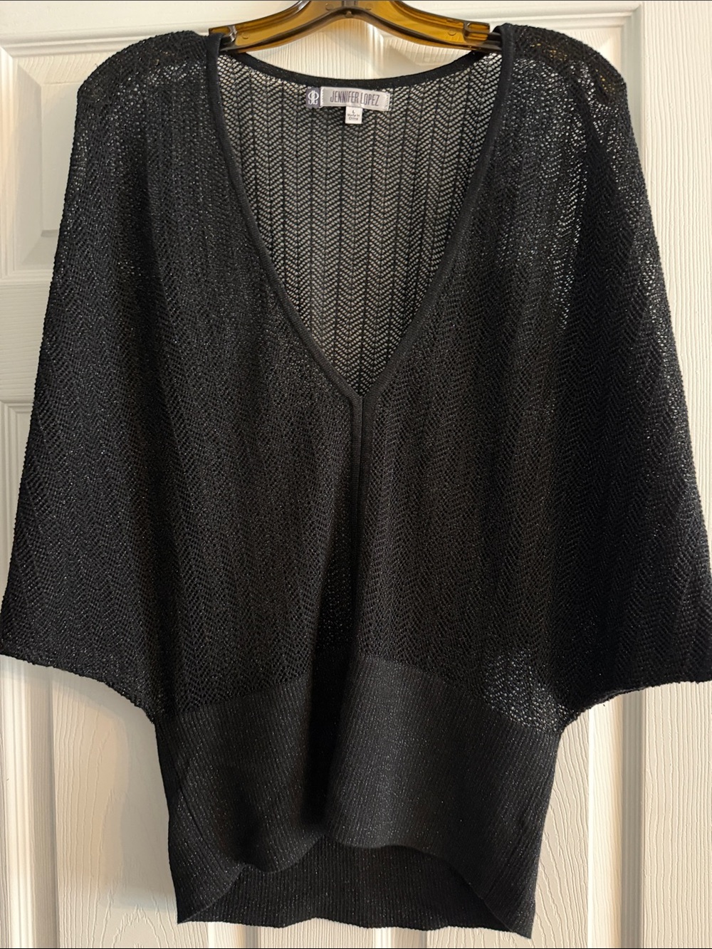 Jennifer Lopez Black Sheer Open-Weave V-Neck Sweater